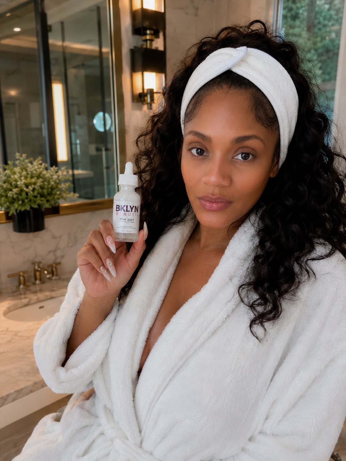 A woman in a white robe and headband holding BKLYN BEAUTII Stay Juicy serum
